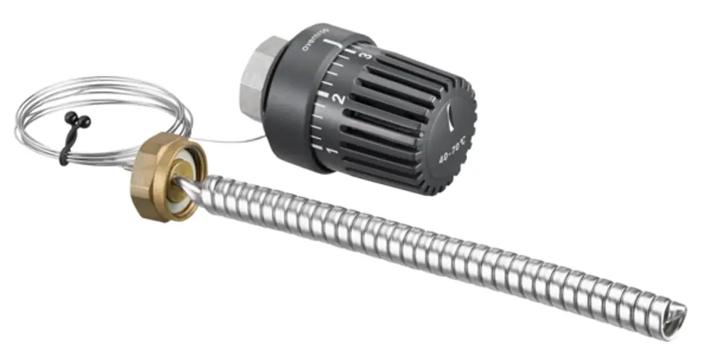 Temperaturregler von Oventrop mit einem Wendelfühler aus Edelstahl und einstellbarem Thermostatkopf, geeignet zur Regelung der Trinkwassertemperatur.